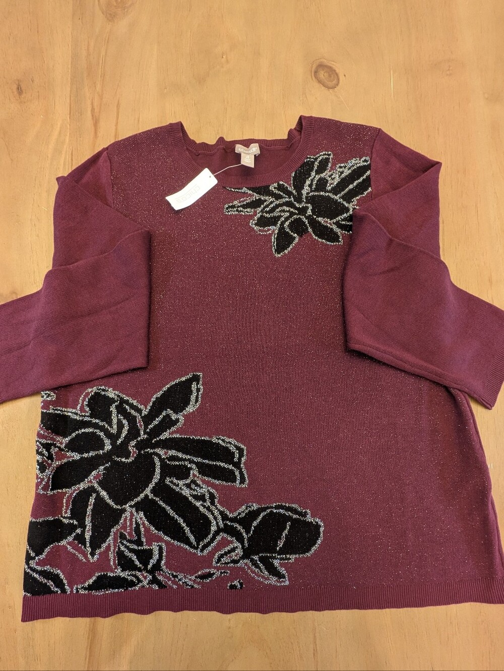 Chico's Lurex Floral Crewneck Pullover Sweater In Deep Chianti Size 2XL NWT